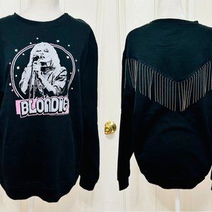 VINYL ICONS RETRO VIBE BLONDIE STUDDED FRINGE SWEATSHIRT SWEATER BLACK